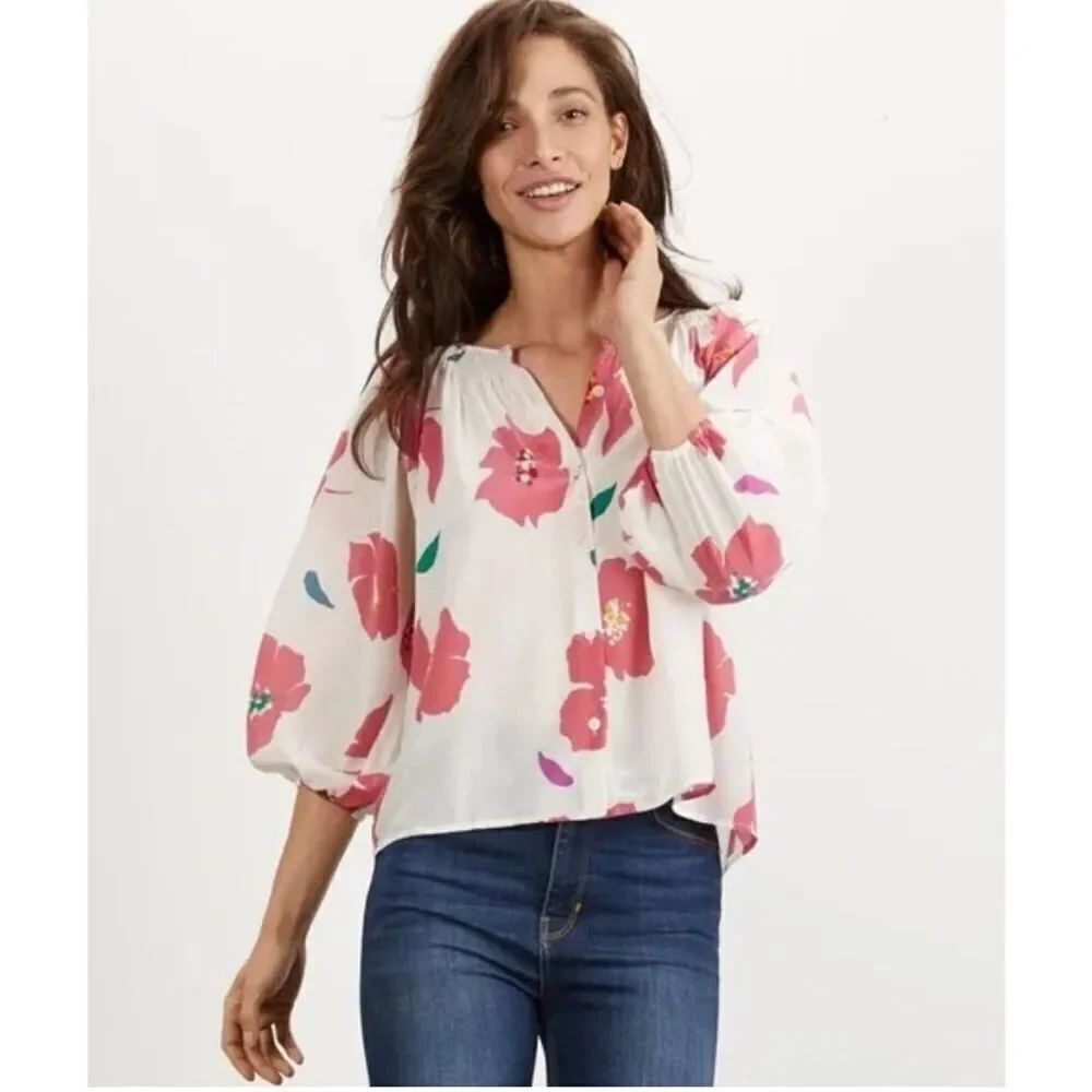 Tucker NYC Clara blush poppies 100% silk top floral S